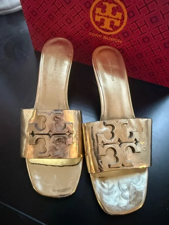 Tory Burch Metallic Gold Logo Slide Heels - Picture 2 of 4